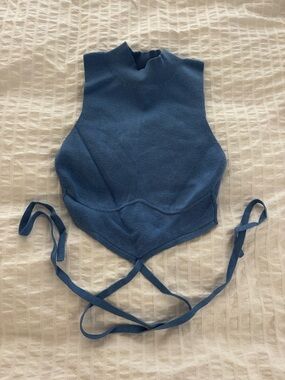 Hello Molly Light Blue Ribbed Knit Sleeveless Top with Tie Neck